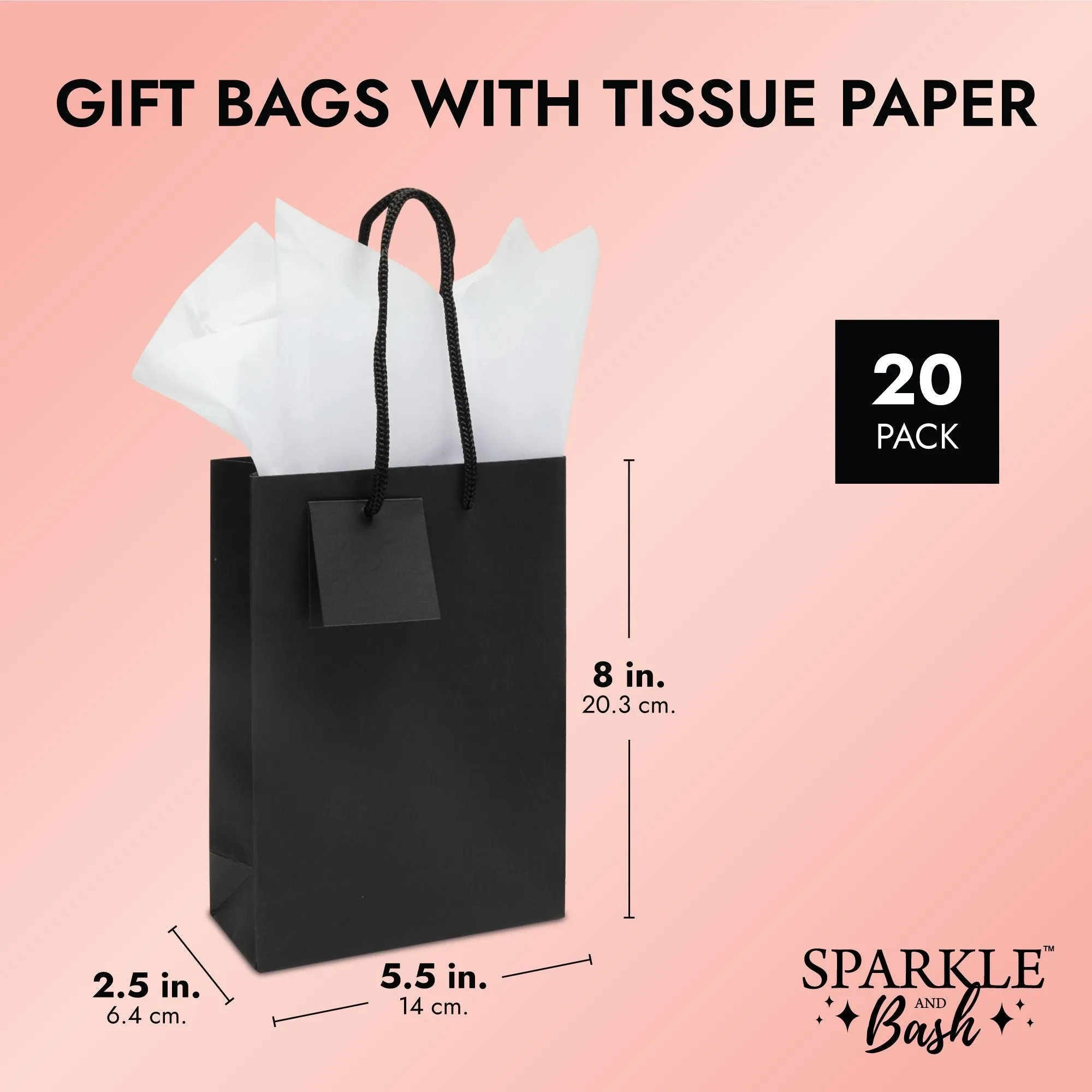Black Paper Gift Bags with Handles, Tags, Tissue Paper (8 x 5.5 In, 20 Pack)