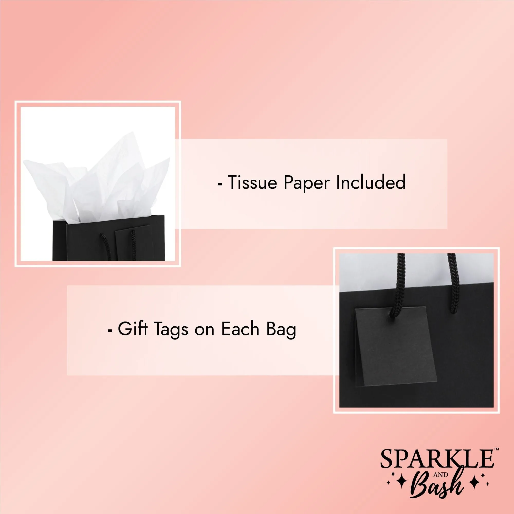 Black Paper Gift Bags with Handles, Tags, Tissue Paper (8 x 5.5 In, 20 Pack)
