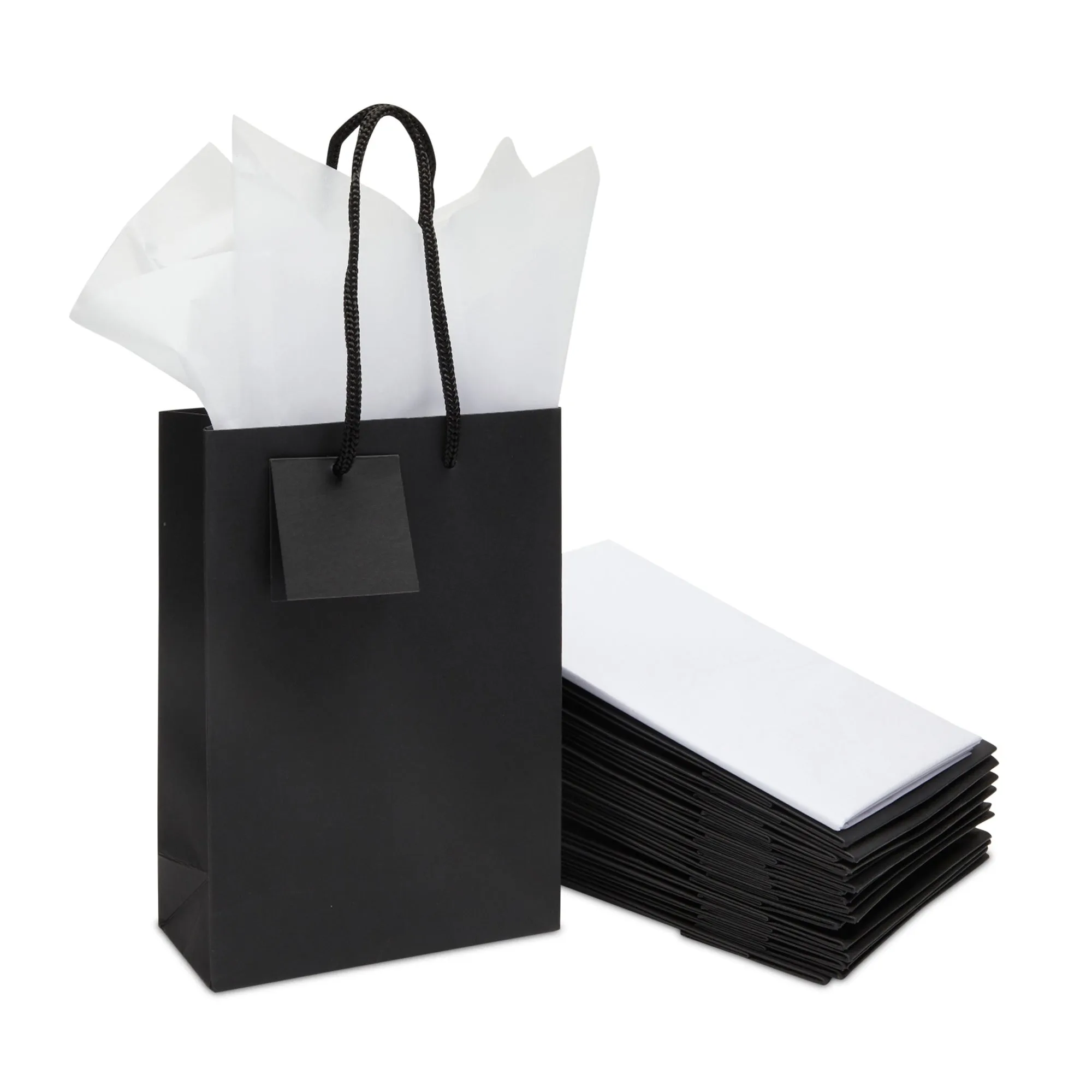 Black Paper Gift Bags with Handles, Tags, Tissue Paper (8 x 5.5 In, 20 Pack)