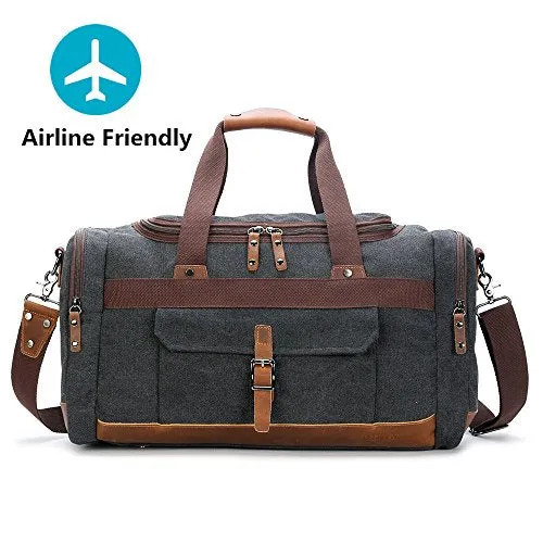 BLUBOON Travel Duffel Bag Canvas Weekender Overnight Carry-on Luggage with Genuine Leather Trim for