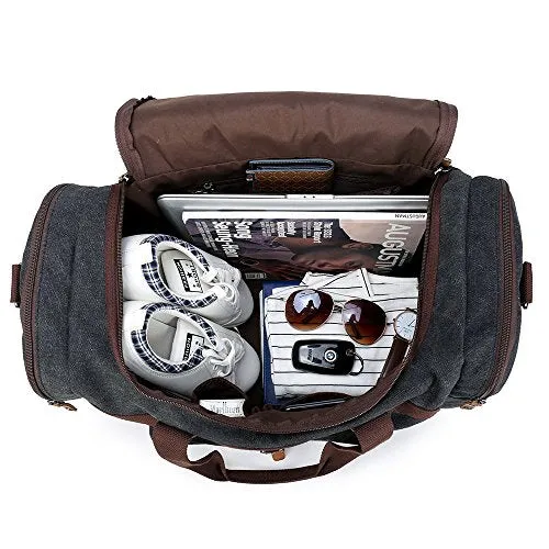 BLUBOON Travel Duffel Bag Canvas Weekender Overnight Carry-on Luggage with Genuine Leather Trim for