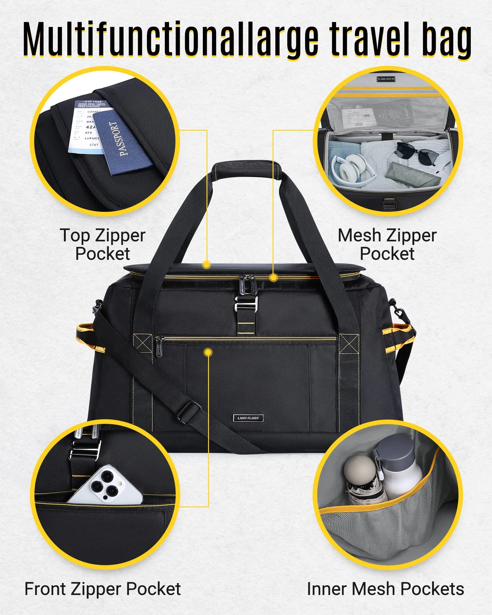 Carry on Bag, LIGHT FLIGHT 54L Large Travel Duffel Bags, Wide Open Weekender Overnight Bag, Heavy Duty Duffle Bag with Backpack Straps, Wet Pocket-Black