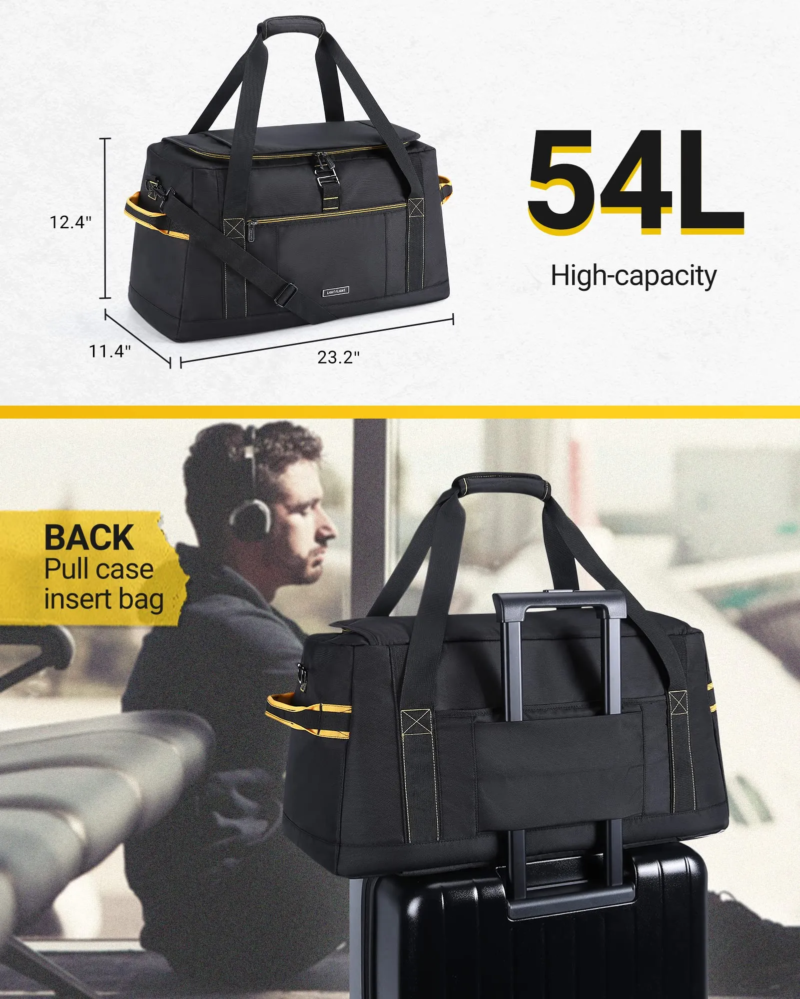 Carry on Bag, LIGHT FLIGHT 54L Large Travel Duffel Bags, Wide Open Weekender Overnight Bag, Heavy Duty Duffle Bag with Backpack Straps, Wet Pocket-Black