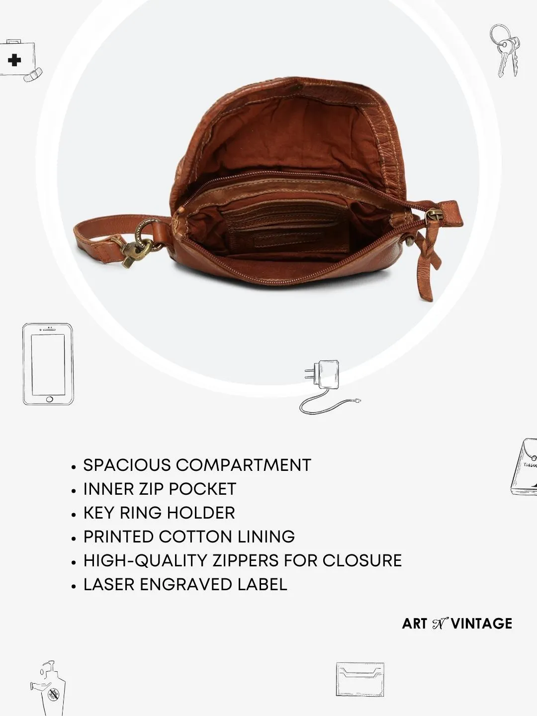 Cognac Leather Sling Bag With Weaving
