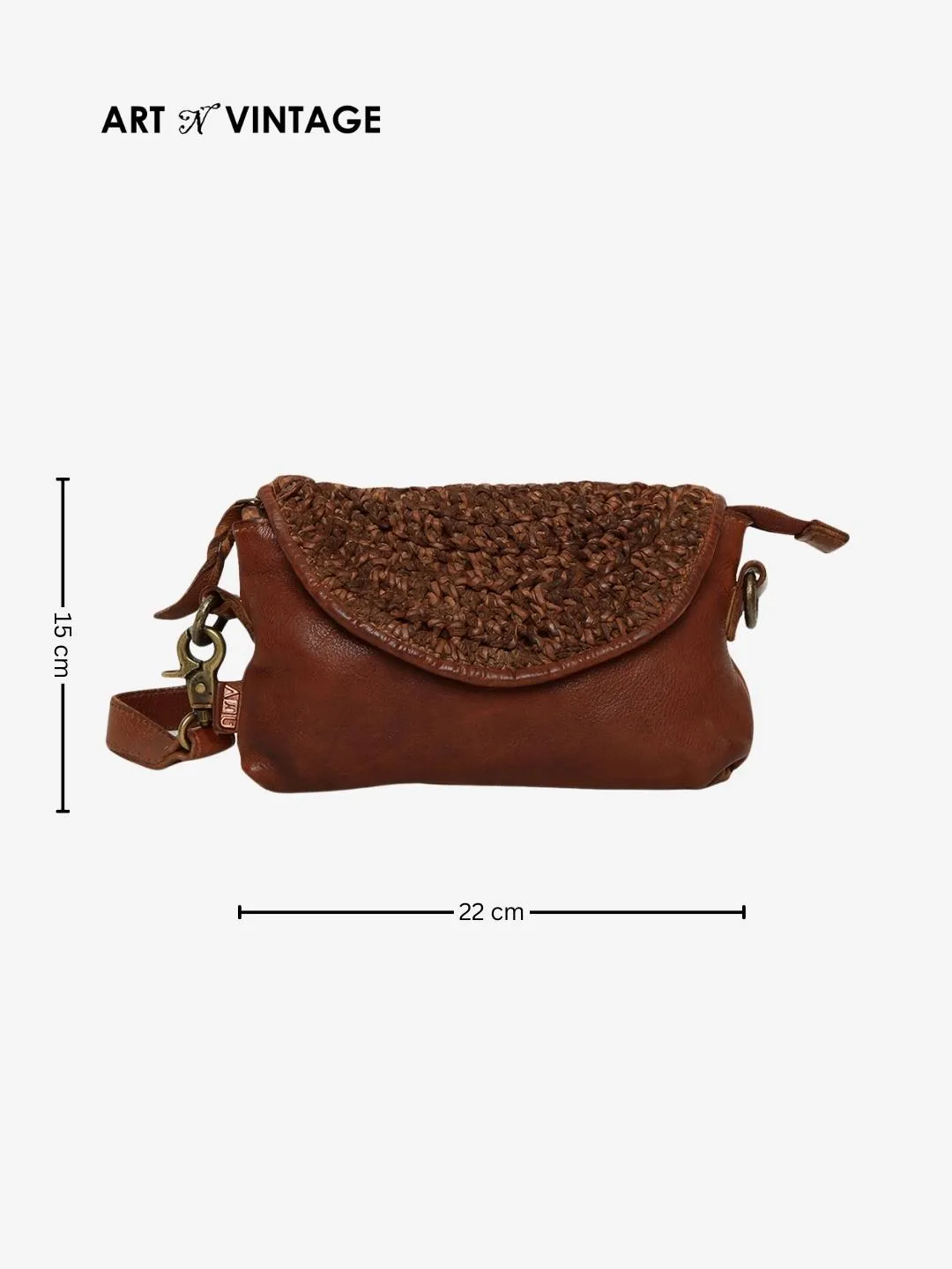 Cognac Leather Sling Bag With Weaving