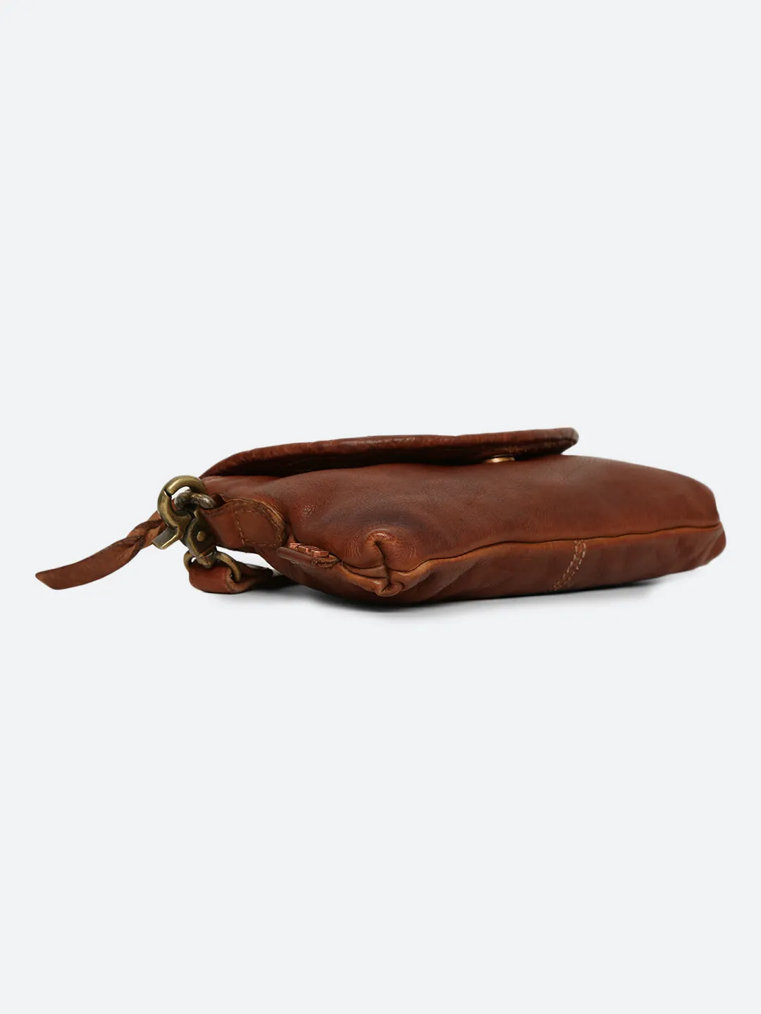 Cognac Leather Sling Bag With Weaving