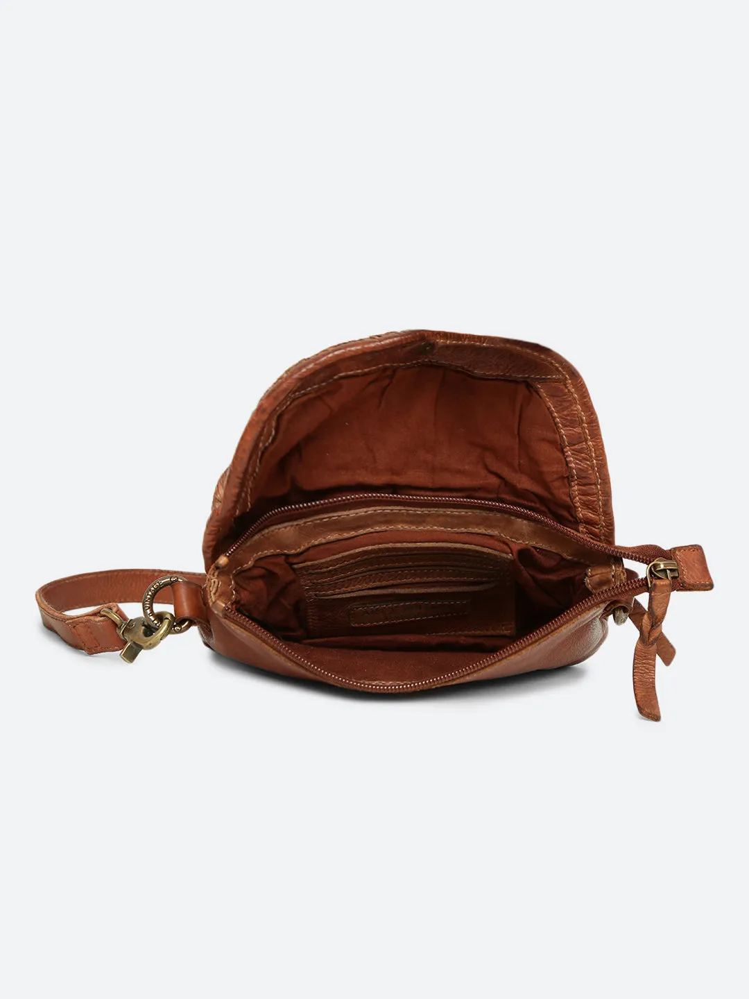 Cognac Leather Sling Bag With Weaving
