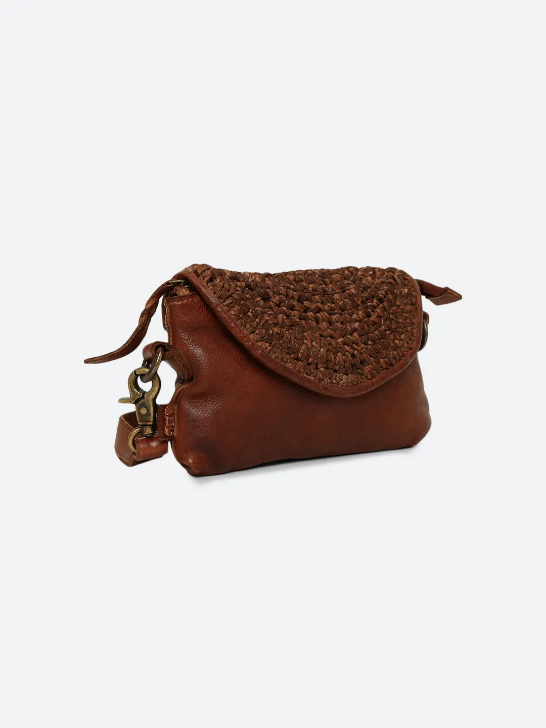 Cognac Leather Sling Bag With Weaving