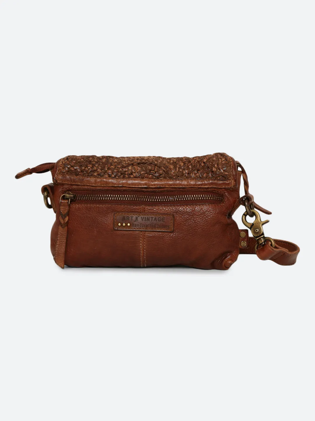 Cognac Leather Sling Bag With Weaving