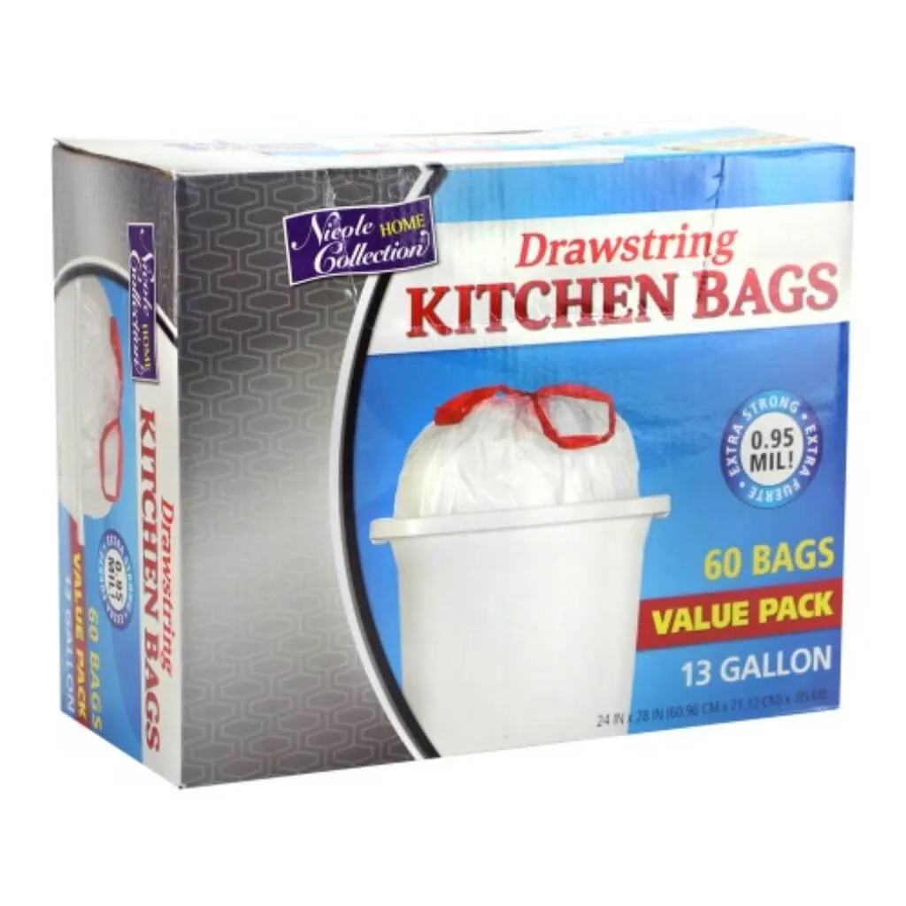 Drawstring Kitchen Trash Bags White 60 Count 13 Gallon