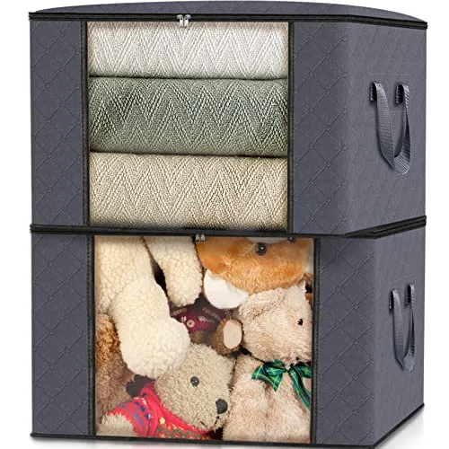Fab totes 4-Pack Clothes Storage, Foldable Blanket Storage Bags, Storage Containers for Organizing Bedroom, Closet, Clothing, Comforter, Organization and Storage with Lids and Handle, Grey