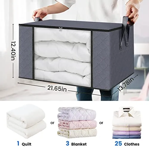 Fab totes 4-Pack Clothes Storage, Foldable Blanket Storage Bags, Storage Containers for Organizing Bedroom, Closet, Clothing, Comforter, Organization and Storage with Lids and Handle, Grey