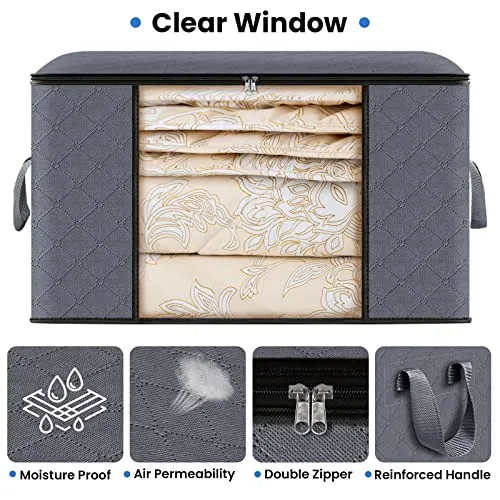 Fab totes 4-Pack Clothes Storage, Foldable Blanket Storage Bags, Storage Containers for Organizing Bedroom, Closet, Clothing, Comforter, Organization and Storage with Lids and Handle, Grey