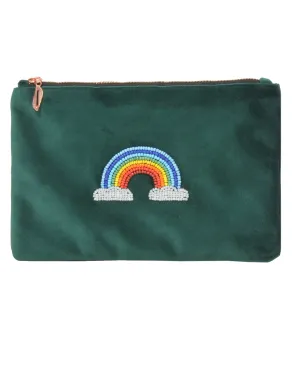 Green Velvet Beaded Rainbow Pouch