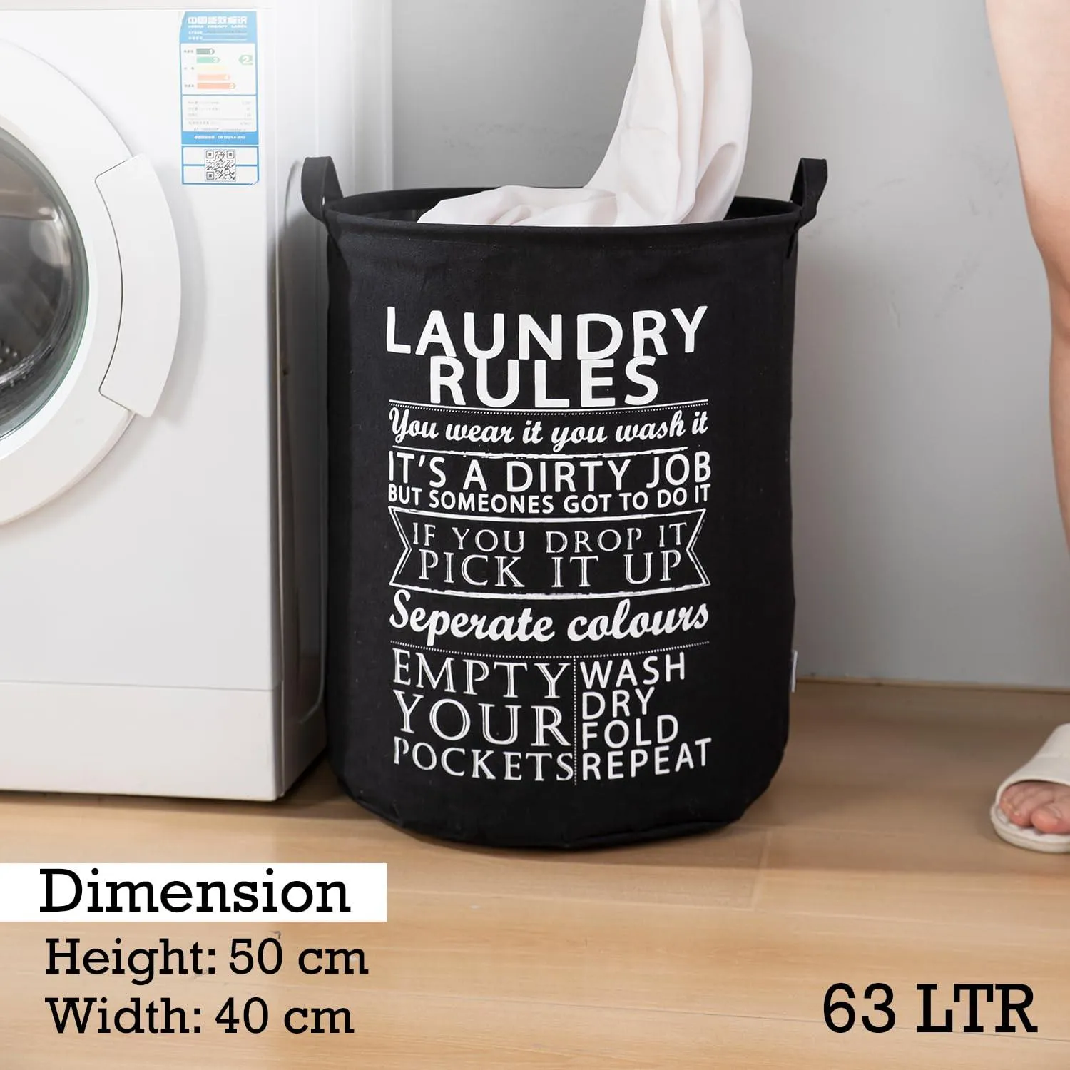 HOKIPO Folding Laundry Clothes Storage Basket - Large 63 Ltr, Black