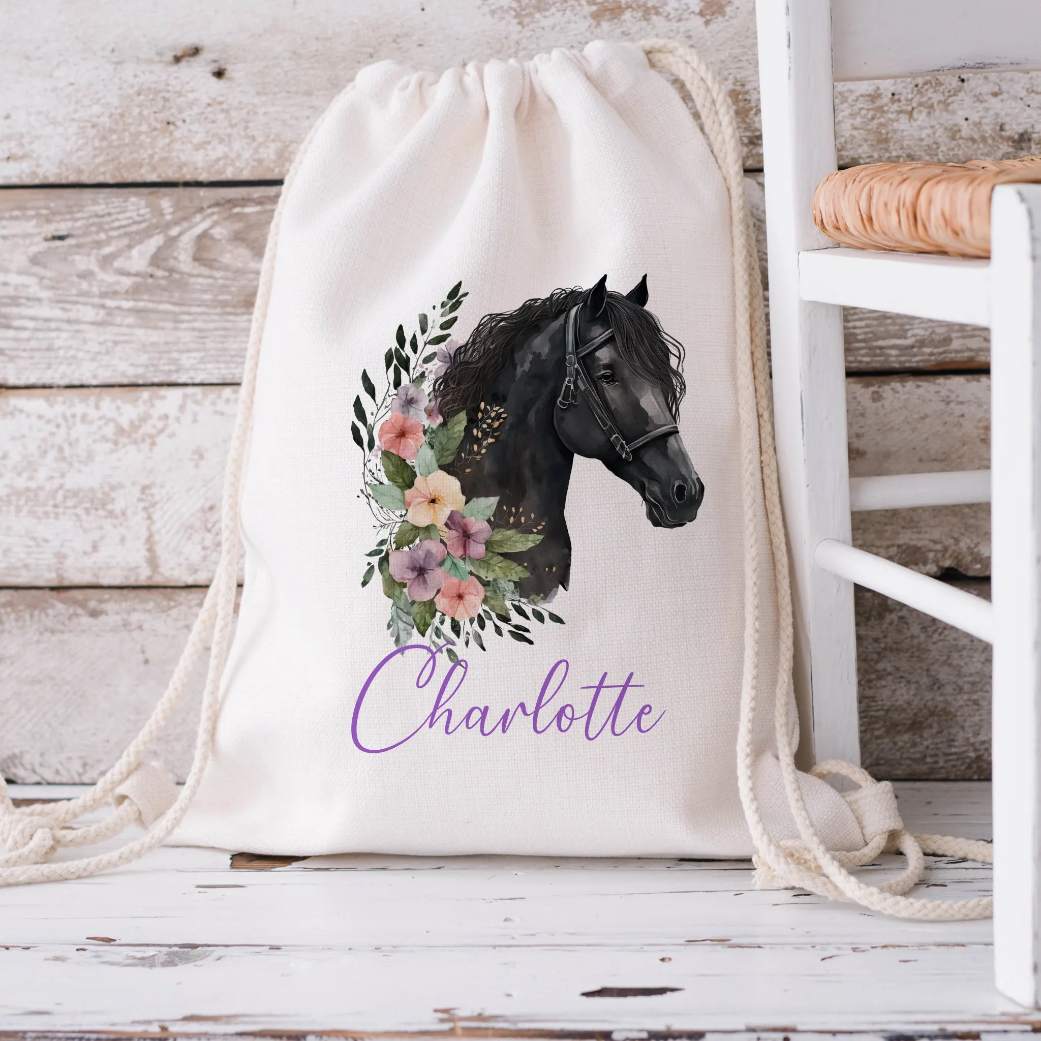 Personalised Black Horse Drawstring Bag