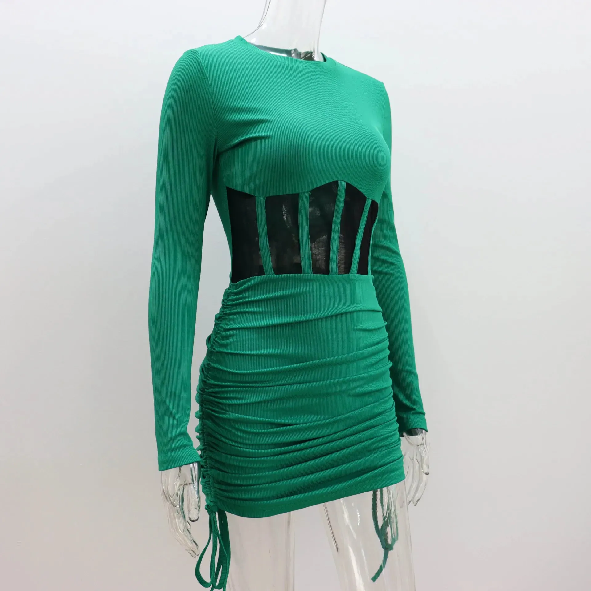 Shirring Mesh Hollow Out Bodycon Dress Women O Neck Long Sleeve Mini Vestidos Ribbed Hot Sexy Dresses Fashion High Street Wear