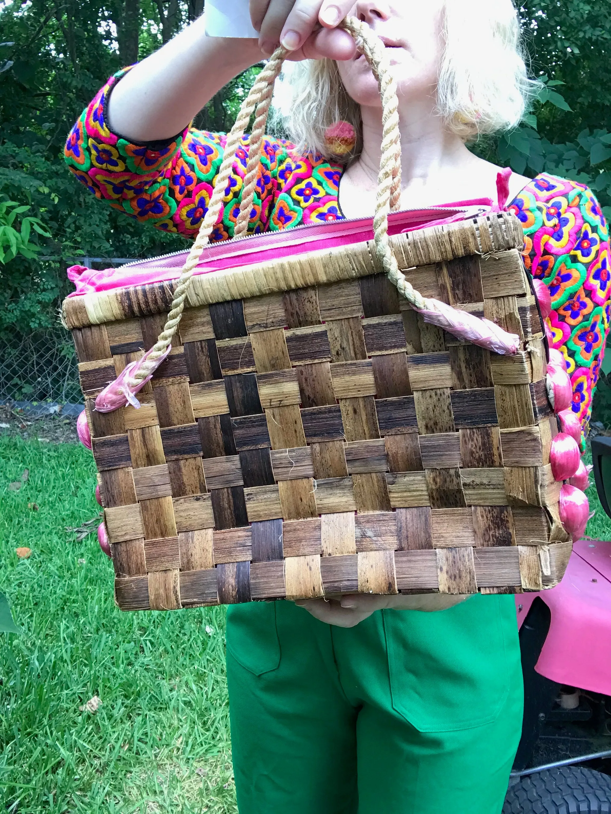 Vintage 70s | Owl Straw Basket Purse Woven Wicker Tote Bag Novelty Boho Handbag
